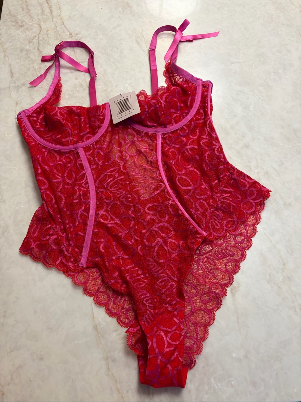 Savage X Fenty Hot Pink and Red Lace Teddy